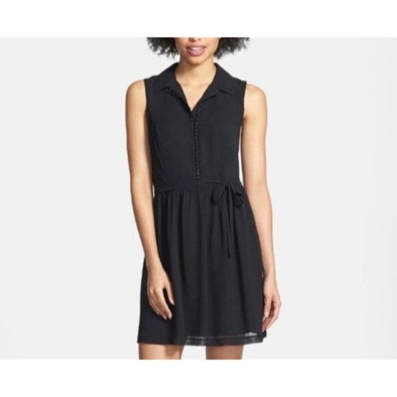 Kensie Sleeveless Black A-Line Dress With Button Front & Sheer Overlay - Picture 1 of 5